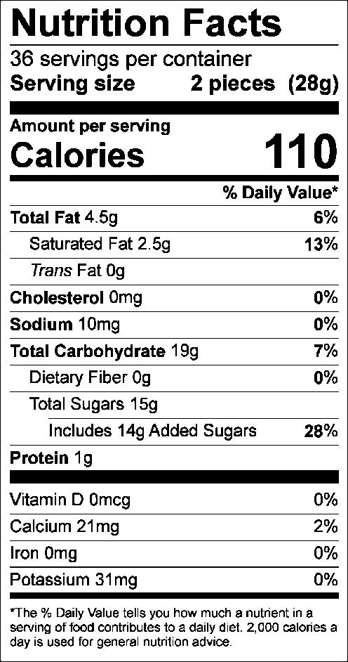 Nutrition Facts: 36 servings per container. Serving size: 2 pieces (28g). Calories: 110. Total Fat: 4.5g (6%). Saturated Fat: 2.5g (13%). Trans Fat: 0g. Cholesterol: 0mg (0%). Sodium: 10mg (0%). Total Carbohydrate: 19g (7%). Dietary Fiber: 0g (0%). Total Sugars: 15g, includes 14g of added sugars (28%). Protein: 1g. Vitamin D: 0mcg (0%). Calcium: 21mg (2%). Iron: 0mg (0%). Potassium: 31mg (0%).