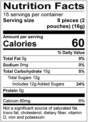 Nutrition Facts Servings per container: 15, Serving size: 8 pieces (2 pouches) (16g), Amount per serving: Calories 60, Total Fat 0g (0% DV), Sodium 0mg (0% DV), Total Carbohydrate 15g (5% DV), Total Sugars 12g (Includes 12g Added Sugars, 24% DV), Protein 0g, Calcium 80mg (6% DV). Not a significant source of saturated fat, trans fat, cholesterol, dietary fiber, vitamin D, iron and potassium. % DV = % Daily Value.