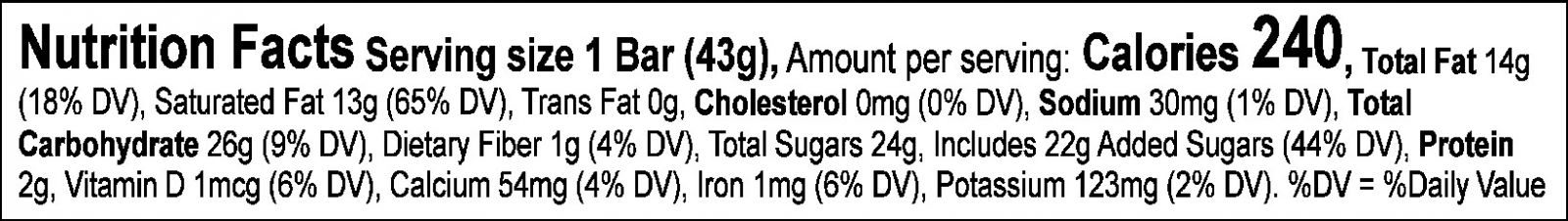 Nutrition Facts: 5 servings per container. Serving size: 1 Bar (43g). Calories: 240. Total Fat: 14g (18% DV). Saturated Fat: 13g (65% DV). Trans Fat: 0g. Cholesterol: 0mg (0% DV). Sodium: 30mg (1% DV). Total Carbohydrate: 26g (9% DV). Dietary Fiber: 1g (4% DV). Total Sugars: 24g, includes 22g of added sugars (44% DV). Protein: 2g. Vitamin D: 1mcg (6% DV). Calcium: 54mg (4% DV). Iron: 1mg (6% DV). Potassium: 123mg (2% DV).