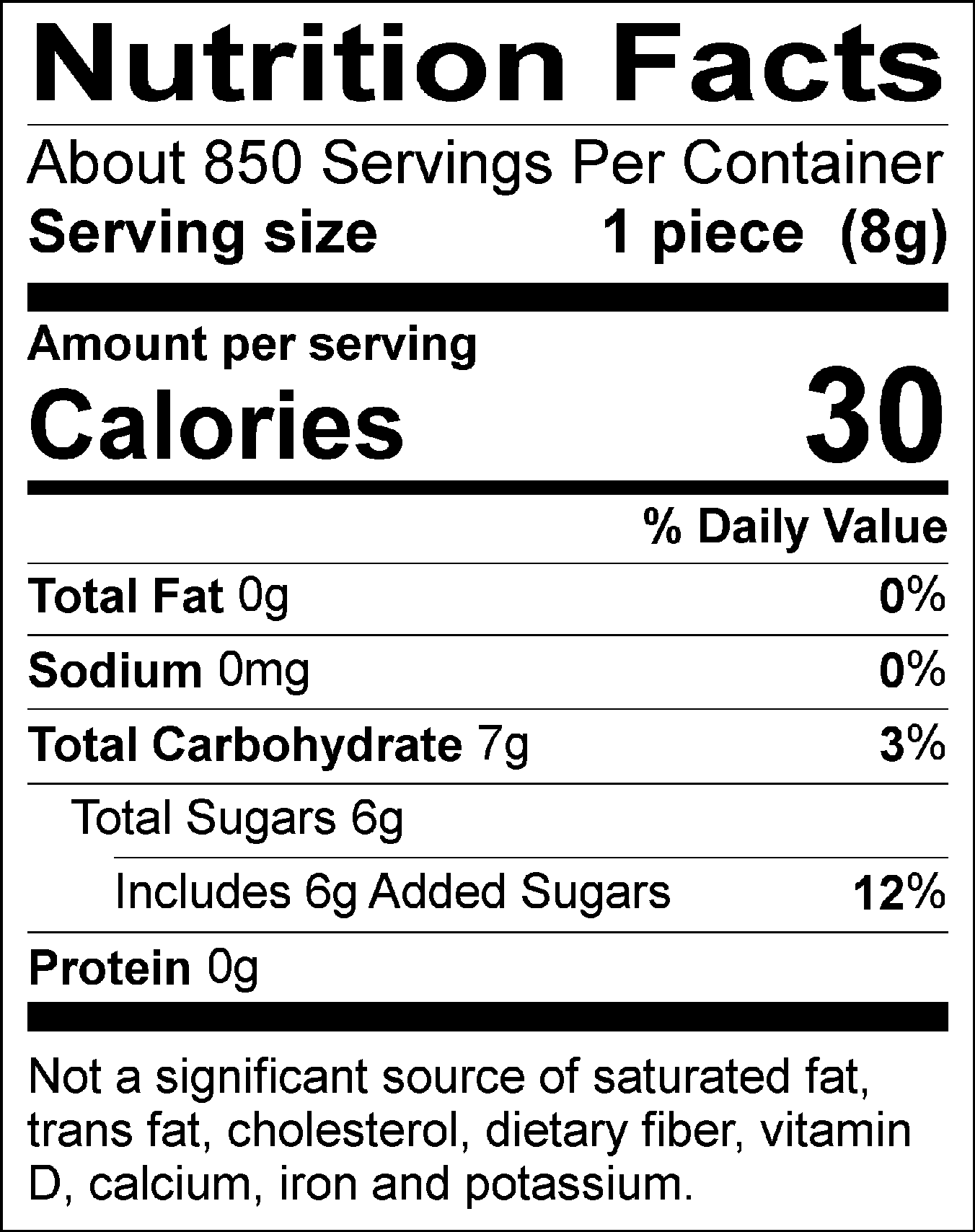 Sugar, Dextrose, Corn Syrup, Gum Base, Gum Arabic, Tapioca Dextrin, Confectioners Glaze, Carnauba Wax, Artificial Flavors, Vegetable Juice (color), Artificial Colors (FD&C Red 40, Blue 1, Yellow 5, Yellow 6, Blue 2 Lake, Blue 1 Lake), Corn Starch, BHT (to maintain freshness). 
