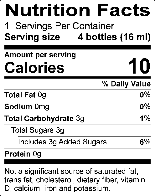 Nutrition Facts: 1 serving per container. Serving size: 4 bottles (16 ml). Calories: 10. Total Fat: 0g (0%). Sodium: 0mg (0%). Total Carbohydrate: 3g (1%). Total Sugars: 3g, includes 3g of added sugars (6%). Protein: 0g. Not a significant source of saturated fat, trans fat, cholesterol, dietary fiber, vitamin D, calcium, iron, and potassium.