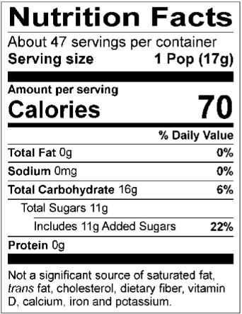 Nutrition Facts Servings per container: About 47, Serving size: 1 Pop (17g), Amount per serving: Calories 70, Total Fat 0g (0% DV), Sodium 0mg (0% DV), Total Carbohydrate 16g (6% DV), Total Sugars 11g (Includes 11g Added Sugars, 22% DV), Protein 0g. Not a significant source of saturated fat, trans fat, cholesterol, dietary fiber, vitamin D, calcium, iron and potassium. % DV = % Daily Value.
