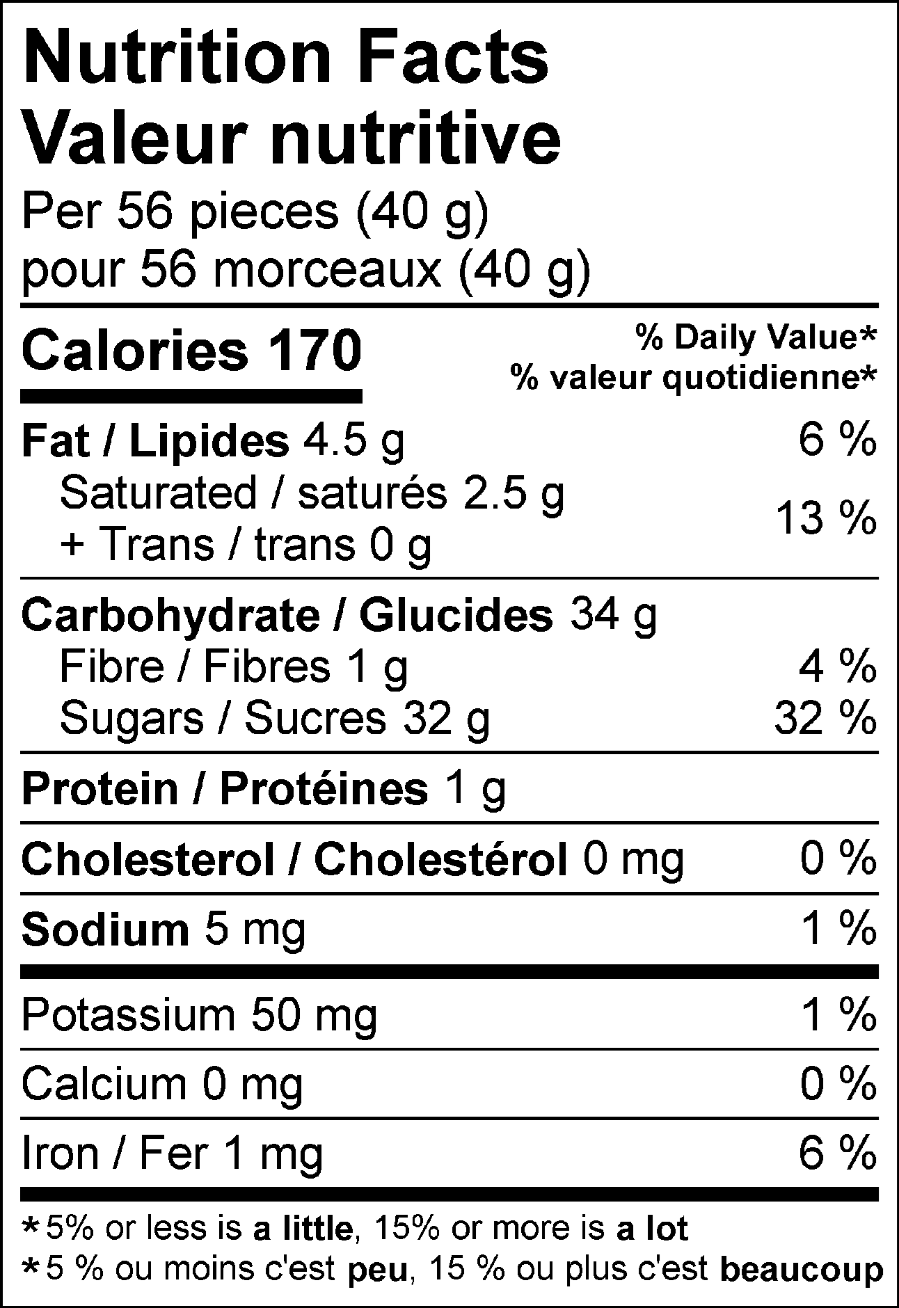 Nutrition Facts Per 56 pieces (40 g) : Calories 170 Fat 4.5 g (6 %), Saturated 2.5 g + Trans 0 g (13 %), Cholesterol 0 mg (0 %), Carbohydrate 34 g, Fibre 1 g (4 %), Sugars 32 g (32 %), Protein 1 g, Sodium 5 mg (1 %), Potassium 50 mg (1 %), Calcium 0 mg (0 %), Iron 1 mg (6 %). % = % Daily Value**5% or less is a little, 15% or more is a lot  Valeur nutritive pour 56 morceaux (40 g) : Calories 170 Lipides 4.5 g (6 %), saturés 2.5 g + trans 0 g (13 %), Cholestérol 0 mg (0 %), Glucides 34 g, Fibres 1 g (4 %), Sucres 32 g (32 %), Protéines 1 g, Sodium 5 mg (1 %), Potassium 50 mg (1 %), Calcium 0 mg (0 %), Fer 1 mg (6 %). % = % valeur quotidienne**5 % ou moins c'est peu, 15 % ou plus c'est beaucoup