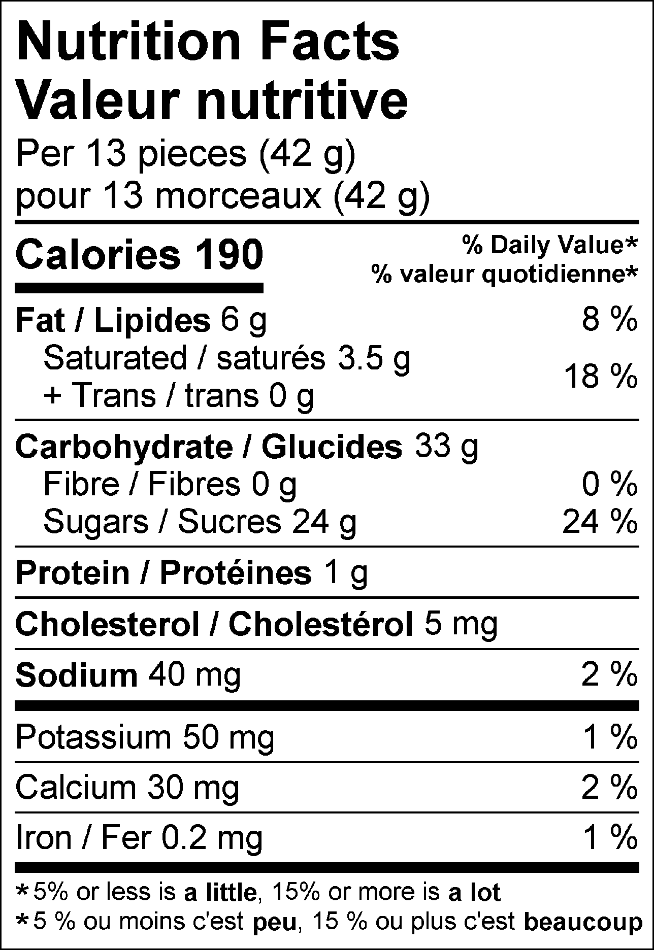 Nutrition Facts Per 13 pieces (42 g) : Calories 190 Fat 6 g (8 %), Saturated 3.5 g + Trans 0 g (18 %), Cholesterol 5 mg, Carbohydrate 33 g, Fibre 0 g (0 %), Sugars 24 g (24 %), Protein 1 g, Sodium 40 mg (2 %), Potassium 50 mg (1 %), Calcium 30 mg (2 %), Iron 0.2 mg (1 %). % = % Daily Value**5% or less is a little, 15% or more is a lot  Valeur nutritive pour 13 morceaux (42 g) : Calories 190 Lipides 6 g (8 %), saturés 3.5 g + trans 0 g (18 %), Cholestérol 5 mg, Glucides 33 g, Fibres 0 g (0 %), Sucres 24 g (24 %), Protéines 1 g, Sodium 40 mg (2 %), Potassium 50 mg (1 %), Calcium 30 mg (2 %), Fer 0.2 mg (1 %). % = % valeur quotidienne**5 % ou moins c'est peu, 15 % ou plus c'est beaucoup