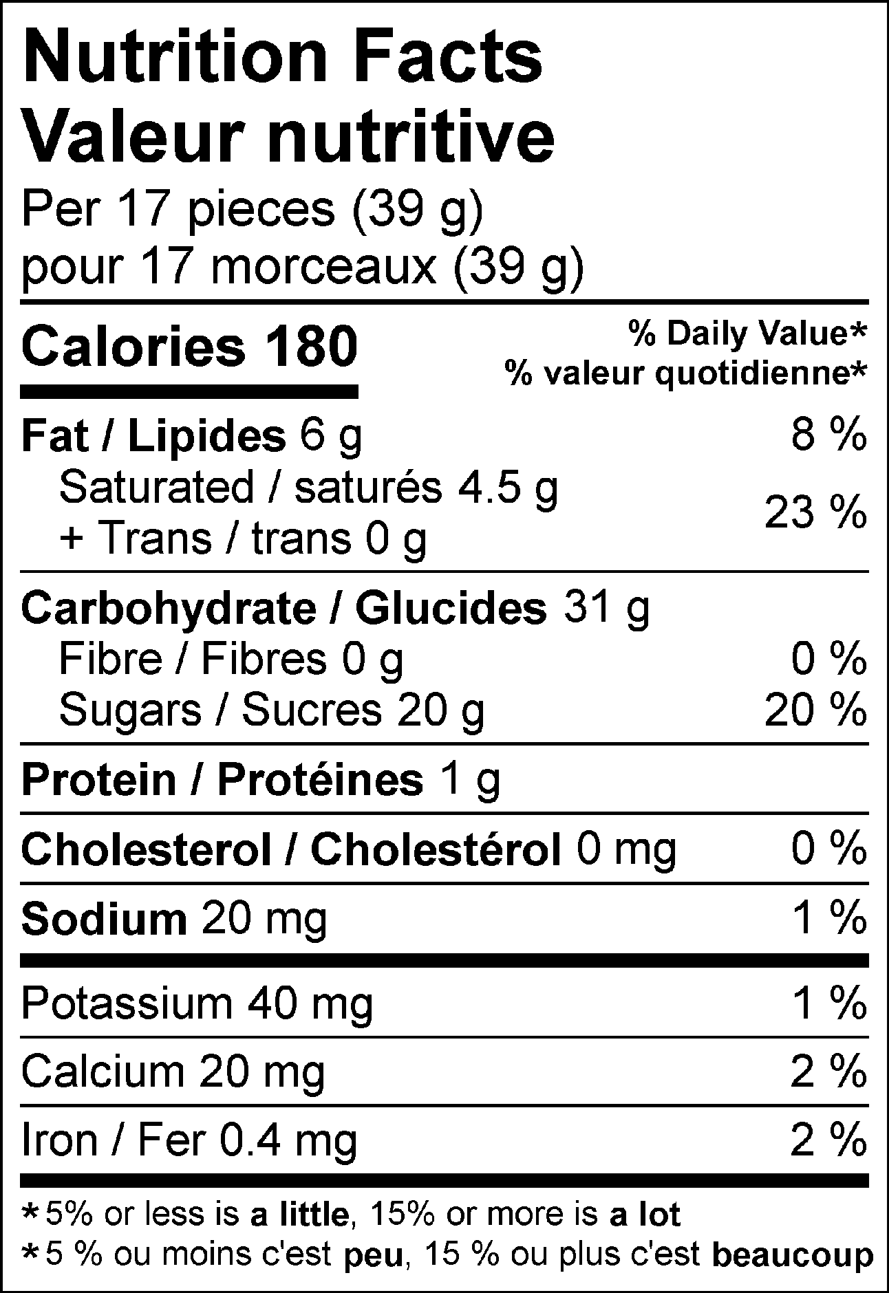 Valeur nutritive pour 17 morceaux (39 g) : Calories 180 Lipides 6 g (8 %), saturés 4.5 g + trans 0 g (23 %), Cholestérol 0 mg (0 %), Glucides 31 g, Fibres 0 g (0 %), Sucres 20 g (20 %), Protéines 1 g, Sodium 20 mg (1 %), Potassium 40 mg (1 %), Calcium 20 mg (2 %), Fer 0.4 mg (2 %). % = % valeur quotidienne**5 % ou moins c'est peu, 15 % ou plus c'est beaucoup