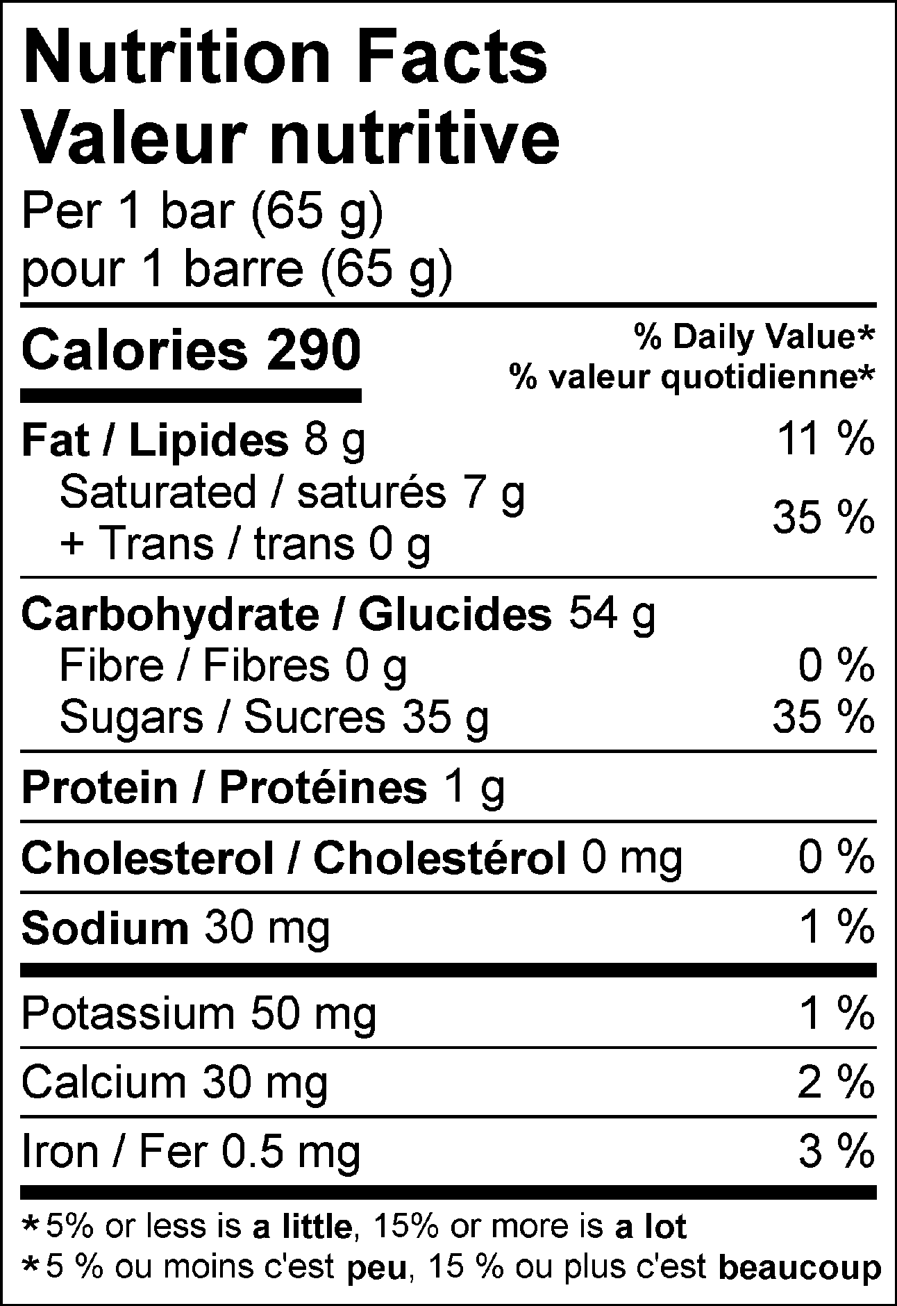 Valeur nutritive pour 1 barre (65 g) : Calories 290 Lipides 8 g (11 %), saturés 7 g + trans 0 g (35 %), Cholestérol 0 mg (0 %), Glucides 54 g, Fibres 0 g (0 %), Sucres 35 g (35 %), Protéines 1 g, Sodium 30 mg (1 %), Potassium 50 mg (1 %), Calcium 30 mg (2 %), Fer 0.5 mg (3 %). % = % valeur quotidienne**5 % ou moins c'est peu, 15 % ou plus c'est beaucoup.