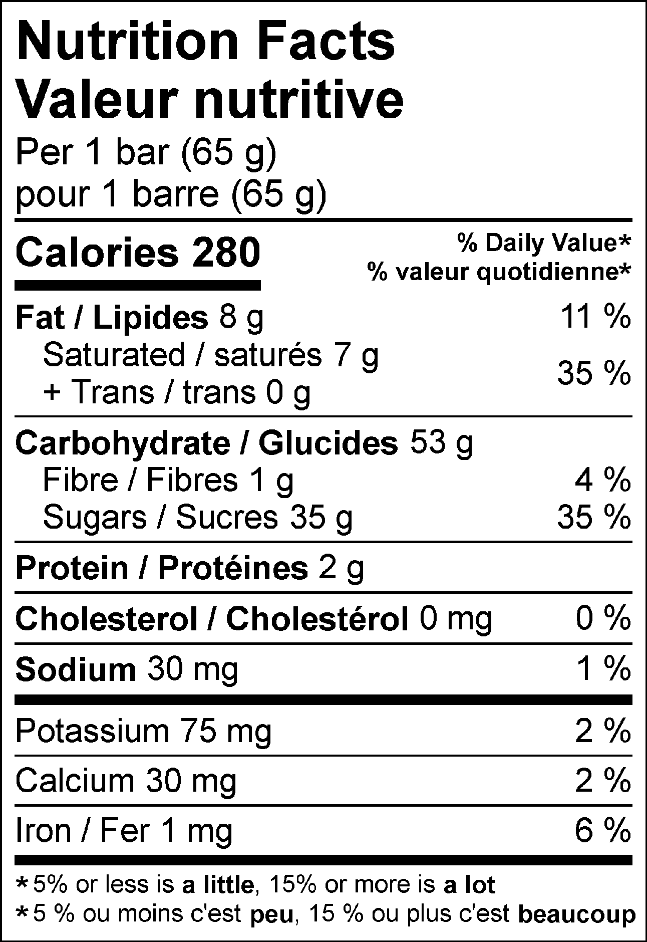 Nutrition Facts Per 1 bar (65 g) : Calories 280 Fat 8 g (11 %), Saturated 7 g + Trans 0 g (35 %), Cholesterol 0 mg (0 %), Carbohydrate 53 g, Fibre 1 g (4 %), Sugars 35 g (35 %), Protein 2 g, Sodium 30 mg (1 %), Potassium 75 mg (2 %), Calcium 30 mg (2 %), Iron 1 mg (6 %). % = % Daily Value**5% or less is a little, 15% or more is a lot  Valeur nutritive pour 1 barre (65 g) : Calories 280 Lipides 8 g (11 %), saturés 7 g + trans 0 g (35 %), Cholestérol 0 mg (0 %), Glucides 53 g, Fibres 1 g (4 %), Sucres 35 g (35 %), Protéines 2 g, Sodium 30 mg (1 %), Potassium 75 mg (2 %), Calcium 30 mg (2 %), Fer 1 mg (6 %). % = % valeur quotidienne**5 % ou moins c'est peu, 15 % ou plus c'est beaucoup
