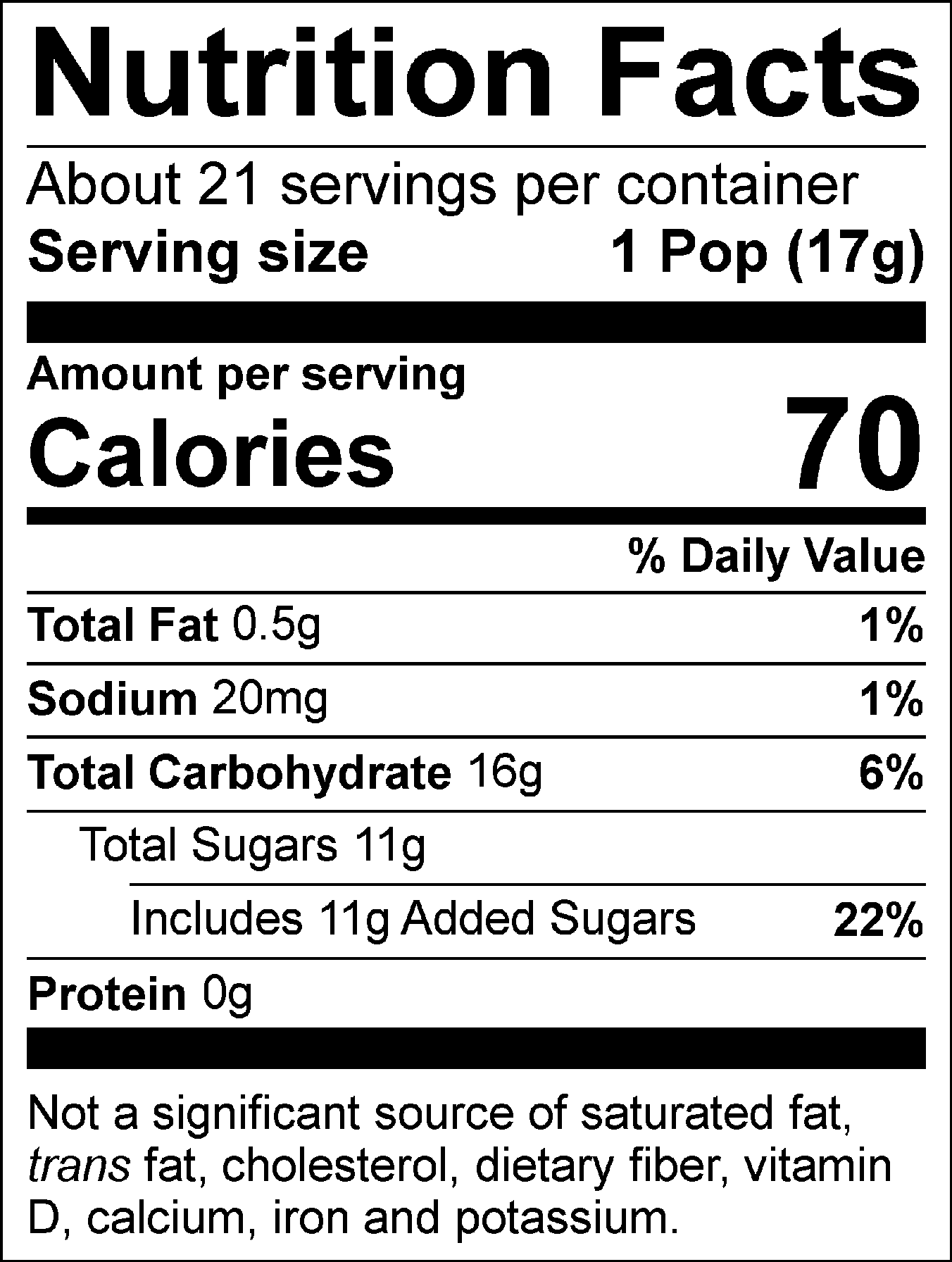 Nutrition Facts: About 21 servings per container. Serving size: 1 Pop (17g). Calories: 60. Total Fat: 0.5g (1%). Sodium: 15mg (1%). Total Carbohydrate: 15g (5%). Total Sugars: 11g, includes 10g of added sugars (20%). Protein: 0g. Not a significant source of saturated fat, trans fat, cholesterol, dietary fiber, vitamin D, calcium, iron, and potassium.