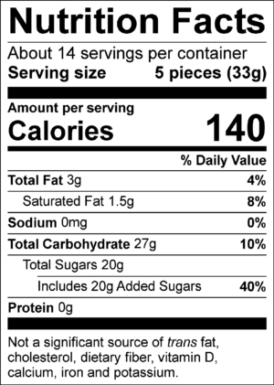 Nutrition Facts Servings per container: About 14, Serving size: 5 pieces (33g), Amount per serving: Calories 140, Total Fat 3g (4% DV), Saturated Fat 1.5g (8% DV), Sodium 0mg (0% DV), Total Carbohydrate 27g (10% DV), Total Sugars 20g (Includes 20g Added Sugars, 40% DV), Protein 0g . Not a significant source of trans fat, cholesterol, dietary fiber, vitamin D, calcium, iron and potassium. % DV = % Daily Value.