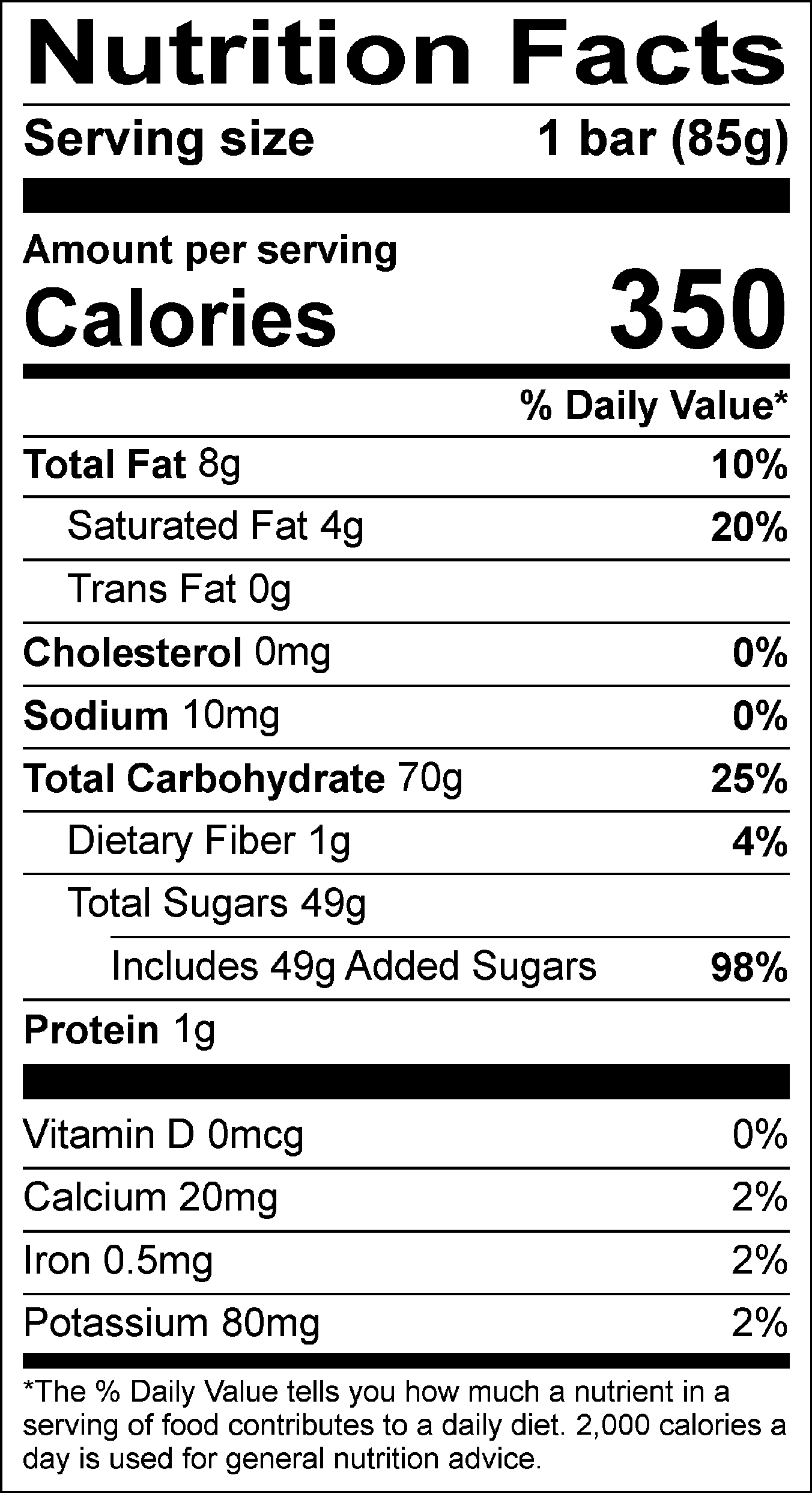 Nutrition Facts Serving size: 1 bar (85g), Amount per serving: Calories 350, Total Fat 8g (10% DV), Saturated Fat 4g (20% DV), Trans Fat 0g, Cholesterol 0mg (0% DV), Sodium 10mg (0% DV), Total Carbohydrate 70g (25% DV), Dietary Fiber 1g (4% DV), Total Sugars 49g (Includes 49g Added Sugars, 98% DV ), Protein 1g, Vitamin D 0mcg (0% DV), Calcium 20mg (2% DV), Iron 0.5mg (2% DV), Potassium 80mg (2% DV). The % Daily Value (DV) tells you how much a nutrient in a serving of food contributes to a daily diet. 2,000 calories a day is used for general nutrition advice.