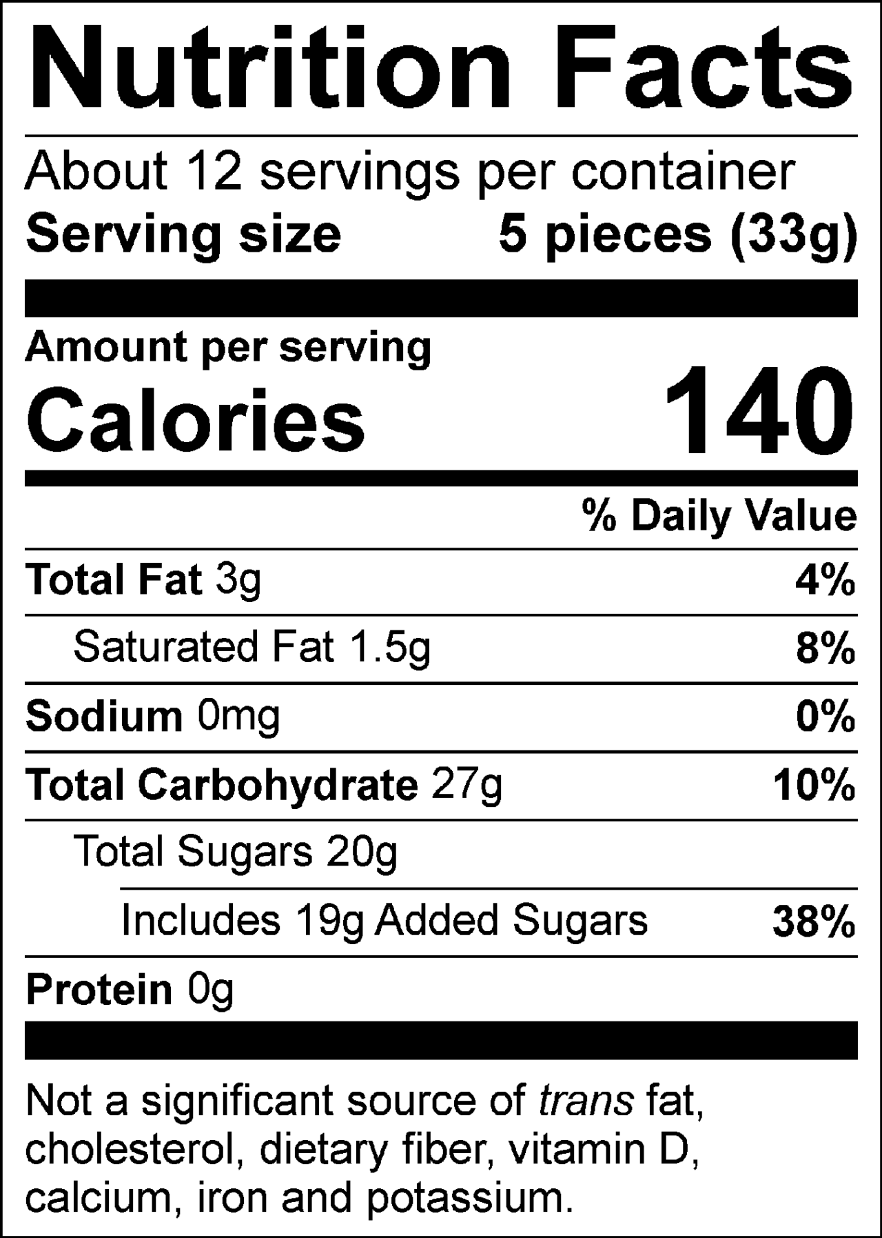 Nutrition Facts: About 12 servings per container. Serving size: 5 pieces (33g). Calories: 120. Total Fat: 2.5g (3%). Saturated Fat: 1g (5%). Sodium: 10mg (0%). Total Carbohydrate: 24g (9%). Total Sugars: 17g, includes 17g of added sugars (34%). Protein: 0g. Not a significant source of trans fat, cholesterol, dietary fiber, vitamin D, calcium, iron, and potassium. Bonus: About 15 servings per container. Serving size: 5 pieces (33g). Calories: 120. Total Fat: 2.5g (3%). Saturated Fat: 1g (5%). Sodium: 10mg (0%). Total Carbohydrate: 24g (9%). Total Sugars: 17g, includes 17g of added sugars (34%). Protein: 0g. Not a significant source of trans fat, cholesterol, dietary fiber, vitamin D, calcium, iron, and potassium.