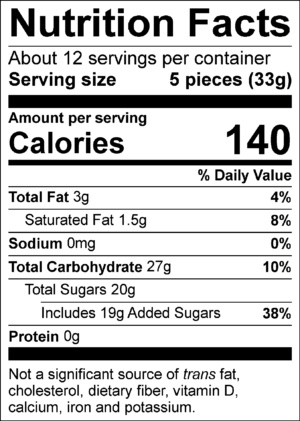 Nutrition Facts: About 12 servings per container. Serving size: 5 pieces (33g). Calories: 120. Total Fat: 2.5g (3%). Saturated Fat: 1g (5%). Sodium: 10mg (0%). Total Carbohydrate: 24g (9%). Total Sugars: 17g, includes 17g of added sugars (34%). Protein: 0g. Not a significant source of trans fat, cholesterol, dietary fiber, vitamin D, calcium, iron, and potassium. Bonus: About 15 servings per container. Serving size: 5 pieces (33g). Calories: 120. Total Fat: 2.5g (3%). Saturated Fat: 1g (5%). Sodium: 10mg (0%). Total Carbohydrate: 24g (9%). Total Sugars: 17g, includes 17g of added sugars (34%). Protein: 0g. Not a significant source of trans fat, cholesterol, dietary fiber, vitamin D, calcium, iron, and potassium.