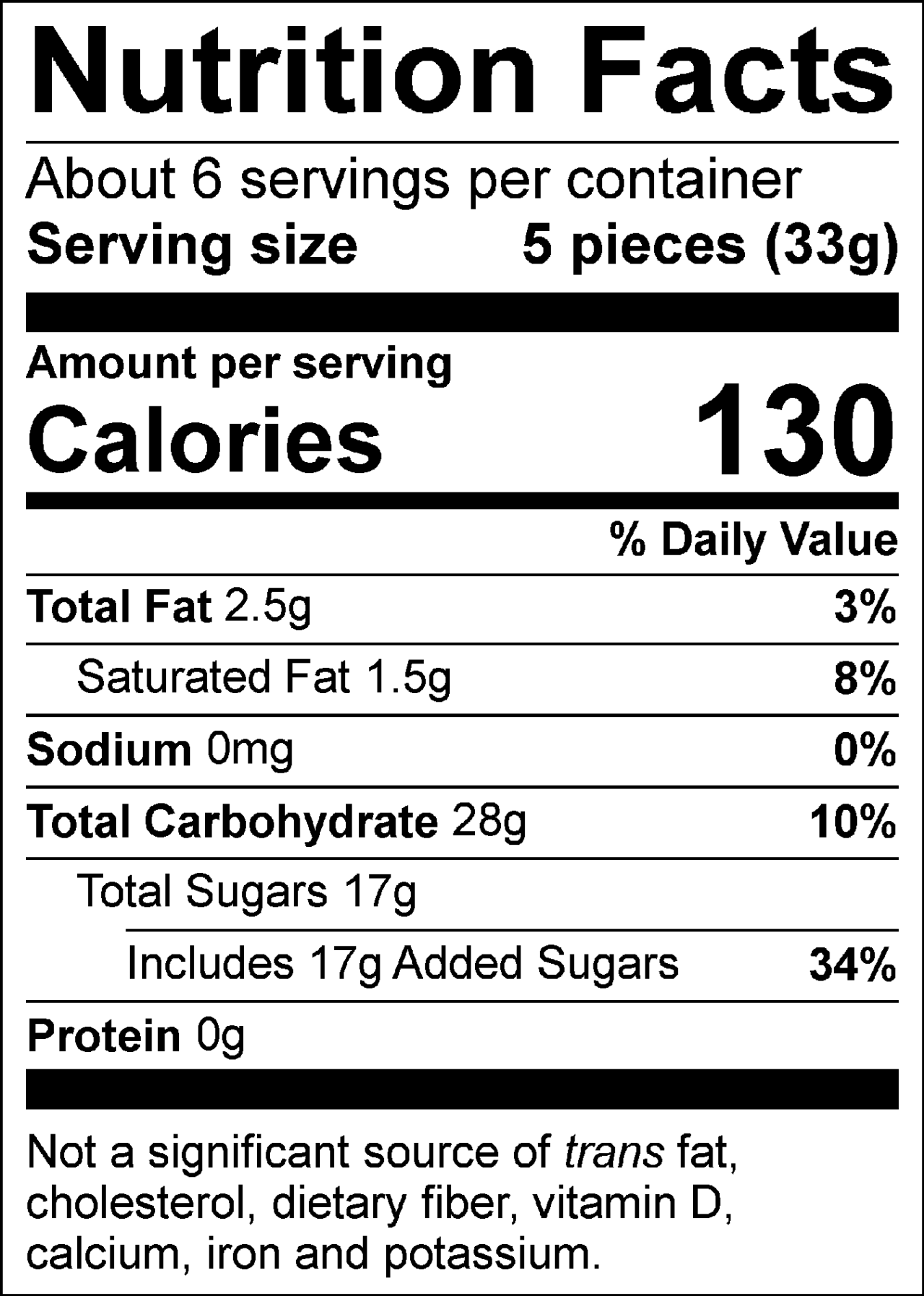 Nutrition Facts Servings per container: About 6, Serving size: 5 pieces (33g), Amount per serving: Calories 130, Total Fat 2.5g (3% DV), Saturated Fat 1.5g ( 8% DV), Sodium 0mg (0% DV), Total Carbohydrate 28g (10% DV) , Total Sugars 17g (Includes 17g Added Sugars, 34% DV), Protein 0g. Not a significant source of trans fat, cholesterol, dietary fiber, vitamin D, calcium, iron and potassium. % DV = % Daily Value.
