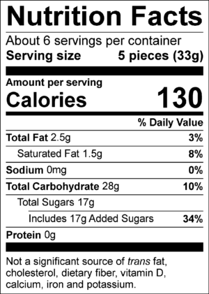 Nutrition Facts Servings per container: About 6, Serving size: 5 pieces (33g), Amount per serving: Calories 130, Total Fat 2.5g (3% DV), Saturated Fat 1.5g ( 8% DV), Sodium 0mg (0% DV), Total Carbohydrate 28g (10% DV) , Total Sugars 17g (Includes 17g Added Sugars, 34% DV), Protein 0g. Not a significant source of trans fat, cholesterol, dietary fiber, vitamin D, calcium, iron and potassium. % DV = % Daily Value.