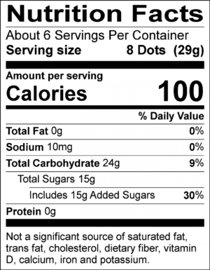 Nutrition Facts: About 6 servings per container. Serving size: 8 Dots (29g). Calories: 100. Total Fat: 0g (0%). Sodium: 10mg (0%). Total Carbohydrate: 24g (9%). Total Sugars: 15g, includes 15g of added sugars (30%). Protein: 0g. Not a significant source of saturated fat, trans fat, cholesterol, dietary fiber, vitamin D, calcium, iron, and potassium.