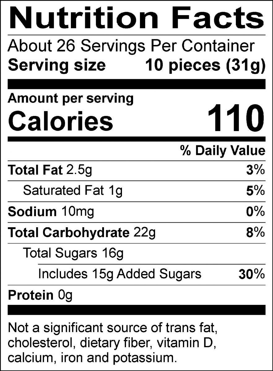 Nutrition Facts: About 26 servings per container. Serving size: 10 pieces (31g). Calories: 110. Total Fat: 2.5g (3%). Saturated Fat: 1g (5%). Sodium: 10mg (0%). Total Carbohydrate: 22g (8%). Total Sugars: 16g, includes 15g of added sugars (30%). Protein: 0g. Not a significant source of trans fat, cholesterol, dietary fiber, vitamin D, calcium, iron, and potassium.