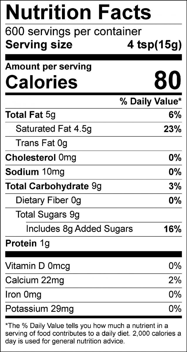 Nutrition Facts: 600 servings per container. Serving size: 4 tsp (15g). Calories: 80. Total Fat: 5g (6%). Saturated Fat: 4.5g (23%). Trans Fat: 0g. Cholesterol: 0mg (0%). Sodium: 10mg (0%). Total Carbohydrates: 9g (3%). Dietary Fiber: 0g (0%). Total Sugars: 9g, includes 8g of added sugars (16%). Protein: 1g. Vitamin D: 0mcg (0%). Calcium: 22mg (2%). Iron: 0mg (0%). Potassium: 29mg (0%).