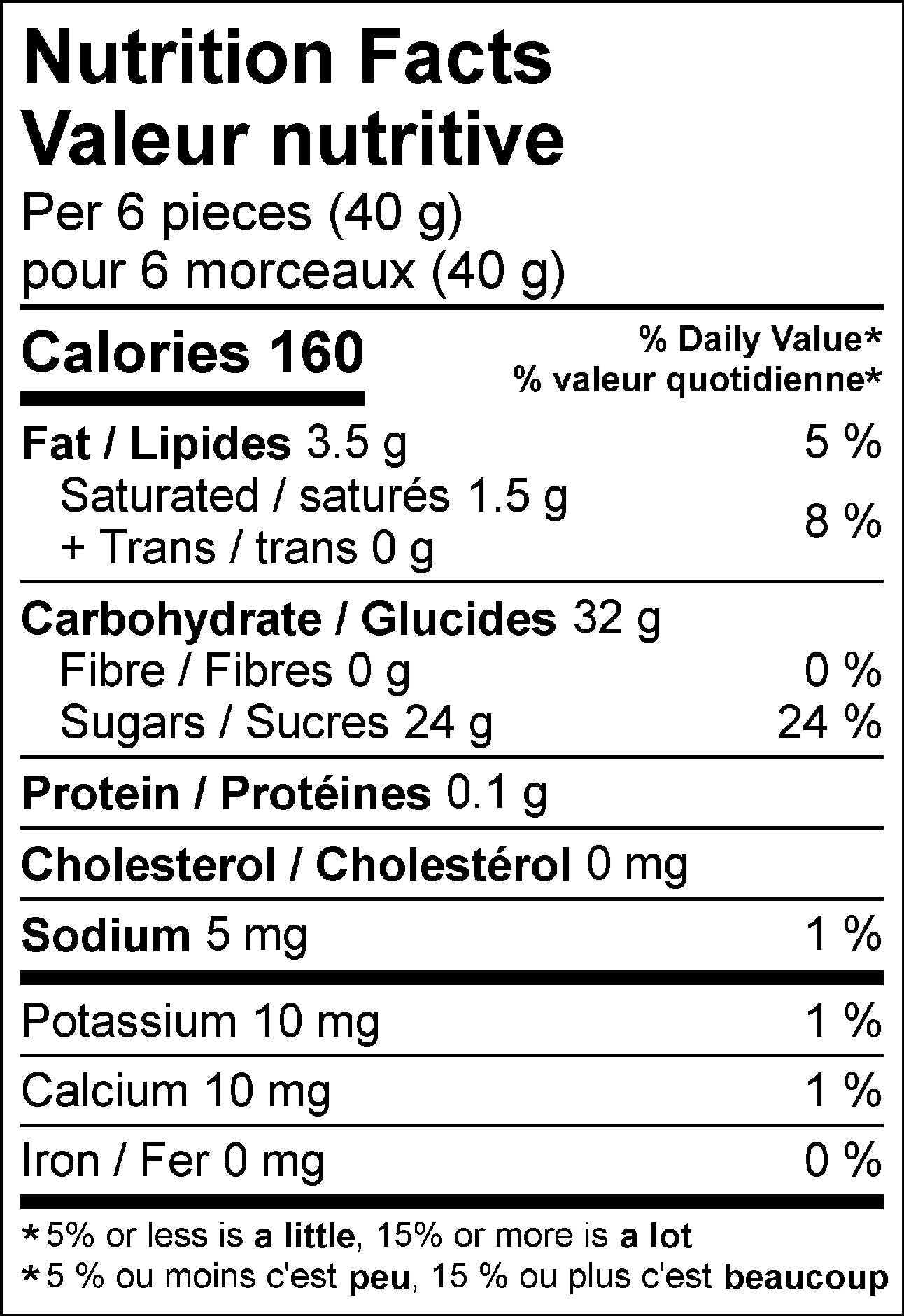 Nutrition Facts Per 6 pieces (40 g) : Calories 160 Fat 3.5 g (5 %), Saturated 1.5 g + Trans 0 g (8 %), Cholesterol 0 mg, Carbohydrate 32 g, Fibre 0 g (0 %), Sugars 24 g (24 %), Protein 0.1 g, Sodium 5 mg (1 %), Potassium 10 mg (1 %), Calcium 10 mg (1 %), Iron 0 mg (0 %). % = % Daily Value**5% or less is a little, 15% or more is a lot Valeur nutritive pour 6 morceaux (40 g) : Calories 160 Lipides 3.5 g (5 %), saturés 1.5 g + trans 0 g (8 %), Cholestérol 0 mg, Glucides 32 g, Fibres 0 g (0 %), Sucres 24 g (24 %), Protéines 0.1 g, Sodium 5 mg (1 %), Potassium 10 mg (1 %), Calcium 10 mg (1 %), Fer 0 mg (0 %). % = % valeur quotidienne**5 % ou moins c'est peu, 15 % ou plus c'est beaucoup