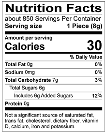 Nutrition Facts Servings per container: About 850, Serving size: 1 piece (8g), Amount per serving: Calories 30, Total Fat 0g (0% DV), Sodium 0mg (0% DV), Total Carbohydrate 7g (3% DV), Total Sugars 6g (Includes 6g Added Sugars, 12% DV), Protein 0g. Not a significant source of saturated fat, trans fat, cholesterol, dietary fiber, vitamin D, calcium, iron and potassium. 