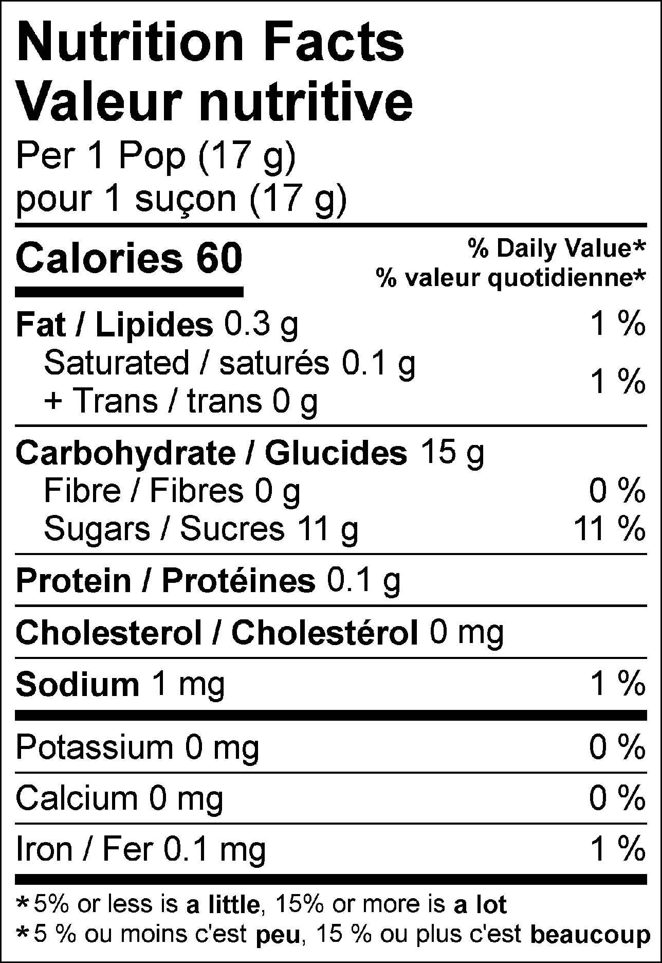 Nutrition Facts Per 1 Pop (17 g) : Calories 60 Fat 0.3 g (1 %), Saturated 0.1 g + Trans 0 g (1 %), Cholesterol 0 mg, Carbohydrate 15 g, Fibre 0 g (0 %), Sugars 11 g (11 %), Protein 0.1 g, Sodium 1 mg (1 %), Potassium 0 mg (0 %), Calcium 0 mg (0 %), Iron 0.1 mg (1 %). % = % Daily Value**5% or less is a little, 15% or more is a lot  Valeur nutritive pour 1 suçon (17 g) : Calories 60 Lipides 0.3 g (1 %), saturés 0.1 g + trans 0 g (1 %), Cholestérol 0 mg, Glucides 15 g, Fibres 0 g (0 %), Sucres 11 g (11 %), Protéines 0.1 g, Sodium 1 mg (1 %), Potassium 0 mg (0 %), Calcium 0 mg (0 %), Fer 0.1 mg (1 %). % = % valeur quotidienne**5 % ou moins c'est peu, 15 % ou plus c'est beaucoup