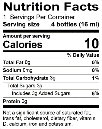 Nutrition Facts: 1 serving per container. Serving size: 4 bottles (16 ml). Calories: 10. Total Fat: 0g (0%). Sodium: 0mg (0%). Total Carbohydrate: 3g (1%). Total Sugars: 3g, includes 3g of added sugars (6%). Protein: 0g. Not a significant source of saturated fat, trans fat, cholesterol, dietary fiber, vitamin D, calcium, iron, and potassium.