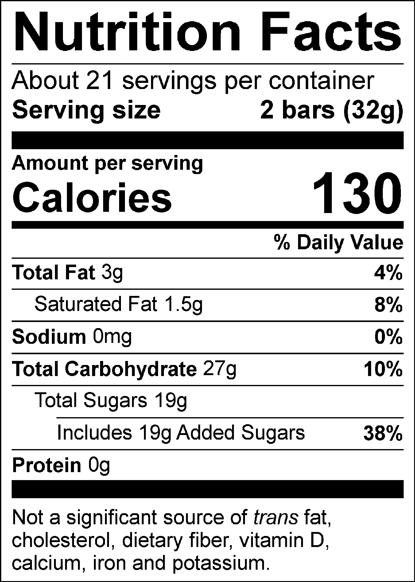 Nutrition Facts Servings per container: About 21, Serving size: 2 bars (32g), Amount per serving: Calories 130, Total Fat 3g (4% DV), Saturated Fat 1.5g (8% DV), Sodium 0mg (0% DV), Total Carbohydrate 27g (10% DV), Total Sugars 19g (Includes 19g Added Sugars, 38% DV), Protein 0g. Not a significant source of trans fat, cholesterol, dietary fiber, vitamin D, calcium, iron and potassium. % DV = % Daily Value.