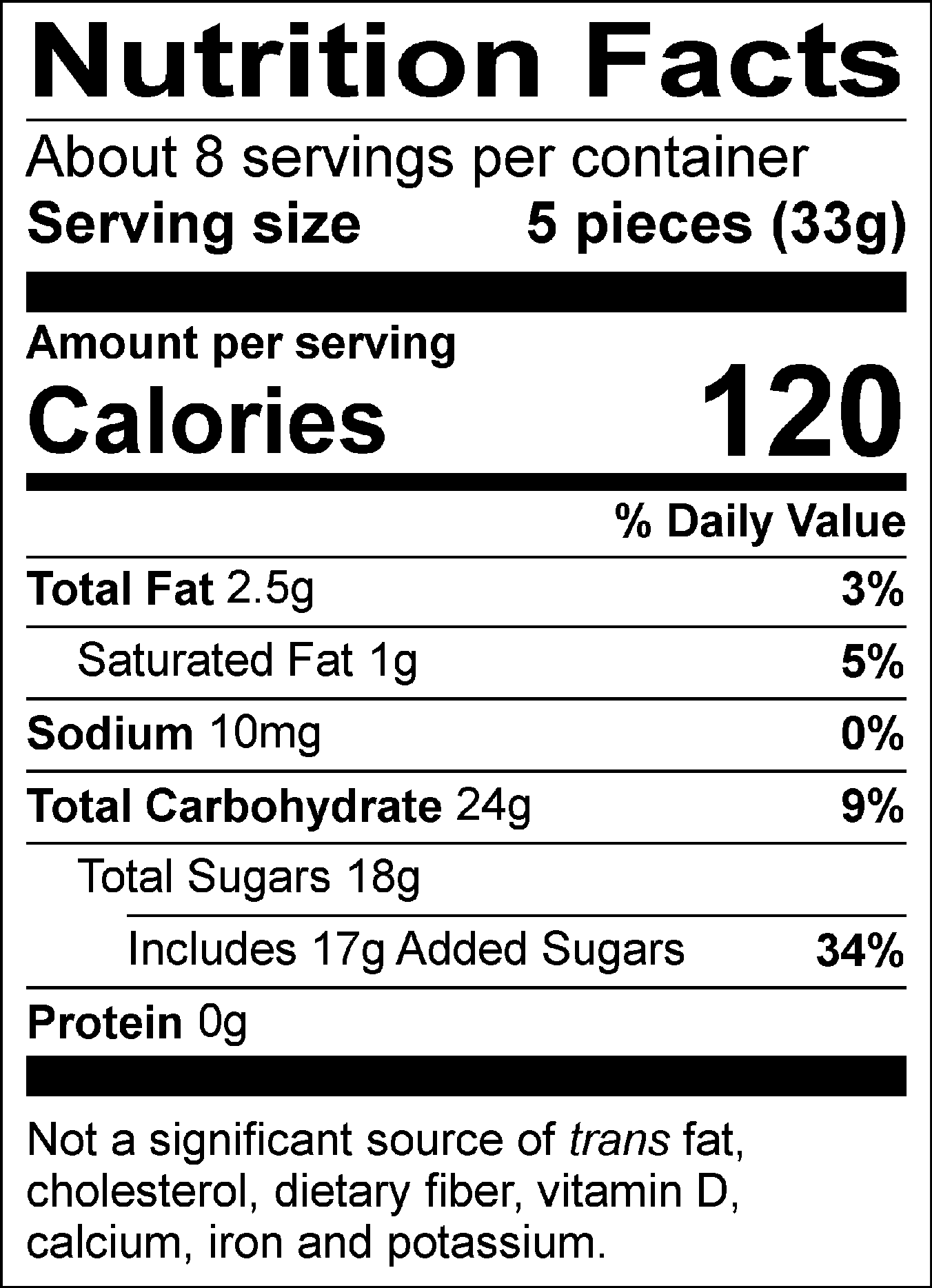 Nutrition Facts Servings per container: About 8, Serving size: 5 pieces (33g), Amount per serving: Calories 120, Total Fat 2.5g (3% DV), Saturated Fat 1g (5% DV), Sodium 10mg (0% DV), Total Carbohydrate 24g (9% DV), Total Sugars 18g (Includes 17g Added Sugars, 34% DV), Protein 0g . Not a significant source of trans fat, cholesterol, dietary fiber, vitamin D, calcium, iron and potassium. % DV = % Daily Value.