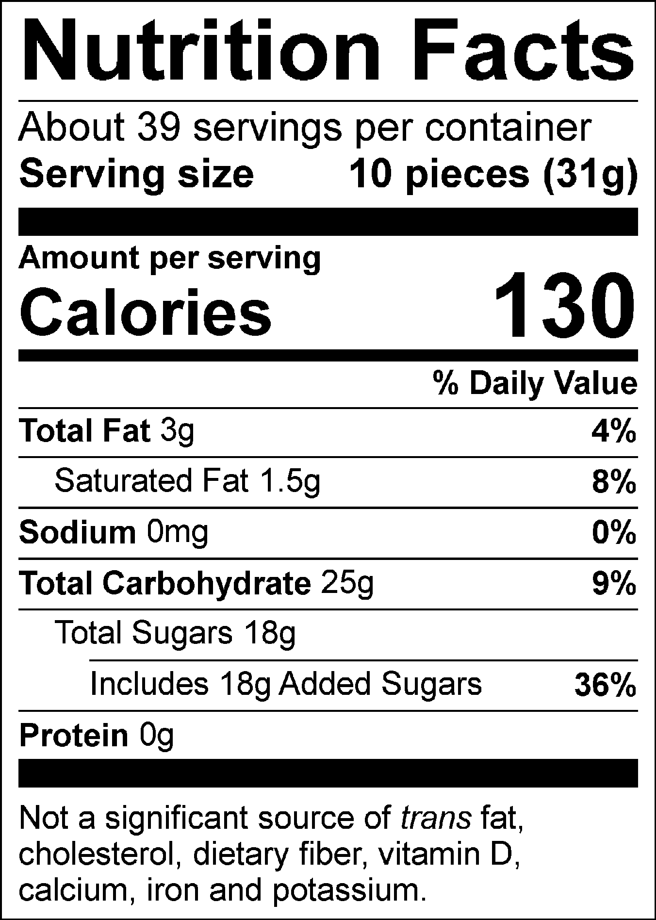 Nutrition Facts Servings per container: About 39, Serving size: 10 pieces (31g), Amount per serving: Calories 130, Total Fat 3g (4% DV), Saturated Fat 1.5g (8% DV), Sodium 0mg (0% DV), Total Carbohydrate 25g (9% DV), Total Sugars 18g (Includes 18g Added Sugars, 36% DV), Protein 0g . Not a significant source of trans fat, cholesterol, dietary fiber, vitamin D, calcium, iron and potassium. % DV = % Daily Value