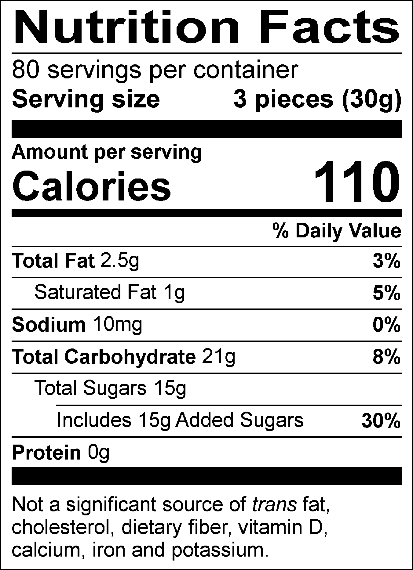 Nutrition Facts Servings per container: 80, Serving size: 3 pieces (30g), Amount per serving: Calories 110, Total Fat 2.5g (3% DV), Saturated Fat 1g (5% DV), Sodium 10mg ( 0% DV), Total Carbohydrate 21g (8% DV), Total Sugars 15g ( Includes 15g Added Sugars, 30% DV), Protein 0g. Not a significant source of trans fat, cholesterol, dietary fiber, vitamin D, calcium, iron and potassium. % DV = % Daily Value.