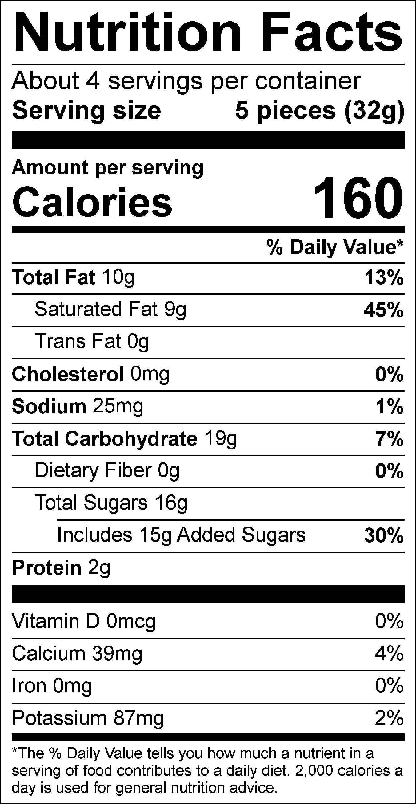 Nutrition Facts Servings per container: About 4, Serving size: 5 pieces (32g), Amount per serving: Calories 160, Total Fat 10g (13% DV), Saturated Fat 9g ( 45% DV), Trans Fat 0g, Cholesterol 0mg (0% DV), Sodium 25mg ( 1% DV), Total Carbohydrate 19g (7% DV), Dietary Fiber 0g (0% DV), Total Sugars 16g (Includes 15g Added Sugars, 30% DV), Protein 2g, Vitamin D 0mcg (0% DV), Calcium 39mg (4% DV), Iron 0mg (0% DV), Potassium 87mg (2% DV). The % Daily Value (DV) tells you how much a nutrient in a serving of food contributes to a daily diet. 2,000 calories a day is used for general nutrition advice.