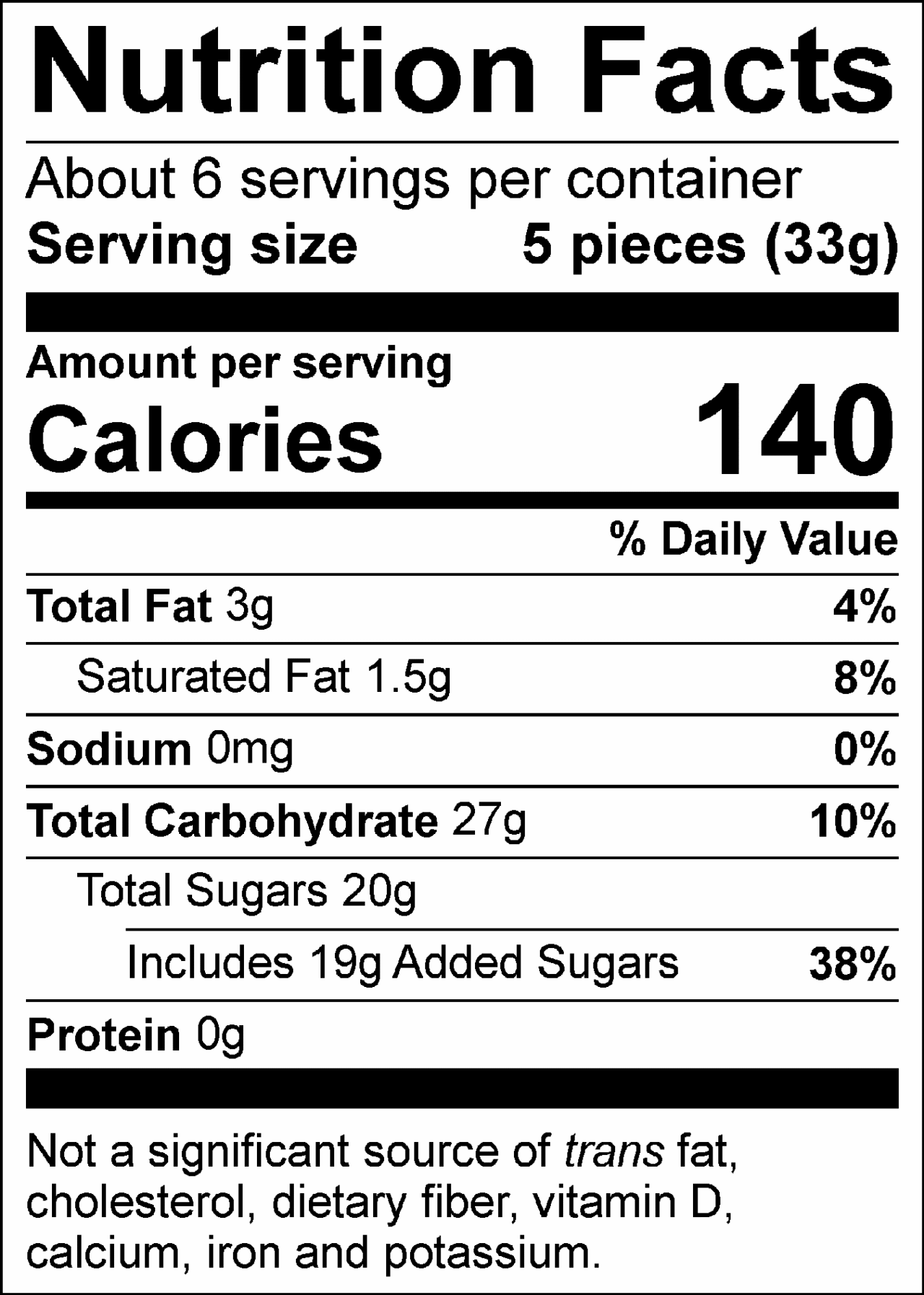 Nutrition Facts Servings per container: About 6, Serving size: 5 pieces (33g), Amount per serving: Calories 140, Total Fat 3g (4% DV), Saturated Fat 1.5g (8% DV), Sodium 0mg (0% DV), Total Carbohydrate 27g (10% DV), Total Sugars 20g (Includes 19g Added Sugars, 38% DV), Protein 0g . Not a significant source of trans fat, cholesterol, dietary fiber, vitamin D, calcium, iron and potassium. % DV = % Daily Value.