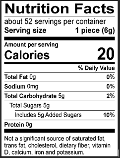Nutrition Facts Servings per container: About 52, Serving size: 1 piece (6g), Amount per serving: Calories 20, Total Fat 0g (0% DV), Sodium 0mg (0% DV), Total Carbohydrate 5g (2% DV), Total Sugars 5g (Includes 5g Added Sugars, 10% DV), Protein 0g. Not a significant source of saturated fat, trans fat, cholesterol, dietary fiber, vitamin D, calcium, iron and potassium. 
