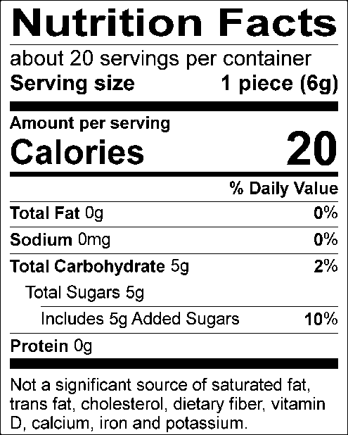Nutrition Facts Servings per container: About 20, Serving size: 1 piece (6g), Amount per serving: Calories 20, Total Fat 0g (0% DV), Sodium 0mg (0% DV), Total Carbohydrate 5g (2% DV), Total Sugars 5g (Includes 5g Added Sugars, 10% DV), Protein 0g. Not a significant source of saturated fat, trans fat, cholesterol, dietary fiber, vitamin D, calcium, iron and potassium. 