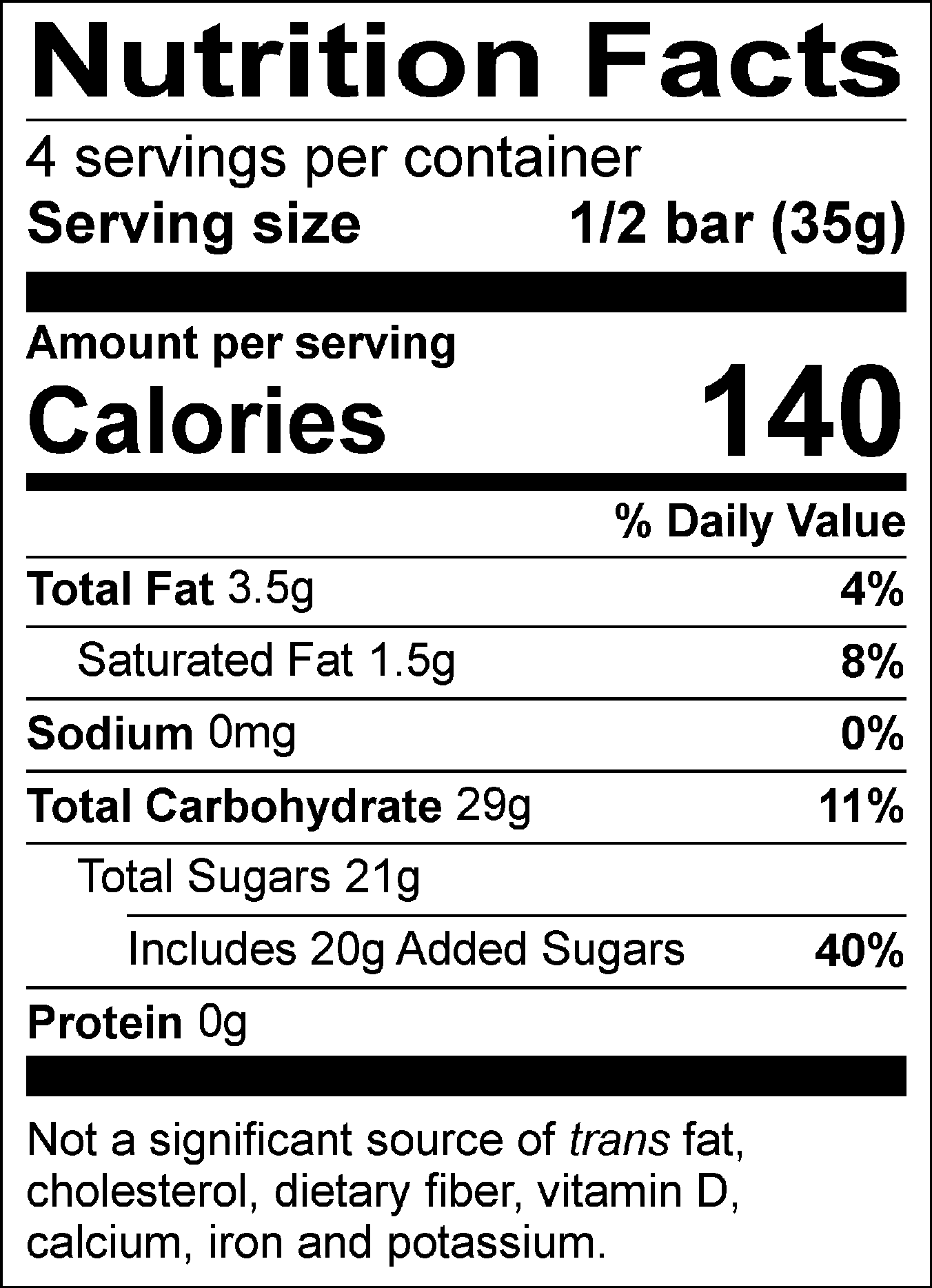 Nutrition Facts Servings per container: 4, Serving size: 1/2 bar (35g), Amount per serving: Calories 140, Total Fat 3.5g (4% DV), Saturated Fat 1.5g (8% DV), Sodium 0mg ( 0% DV), Total Carbohydrate 29g (11% DV), Total Sugars 21g ( Includes 20g Added Sugars, 40% DV), Protein 0g. Not a significant source of trans fat, cholesterol, dietary fiber, vitamin D, calcium, iron and potassium. % DV = % Daily Value.