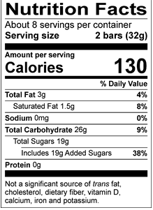 Nutrition Facts Servings per container: About 8, Serving size: 2 bars (32g), Amount per serving: Calories 130, Total Fat 3g (4% DV), Saturated Fat 1.5g (8% DV), Sodium 0mg (0% DV), Total Carbohydrate 26g (9% DV), Total Sugars 19g ( Includes 19g Added Sugars, 38% DV), Protein 0g. Not a significant source of trans fat, cholesterol, dietary fiber, vitamin D, calcium, iron and potassium. % DV = % Daily Value.