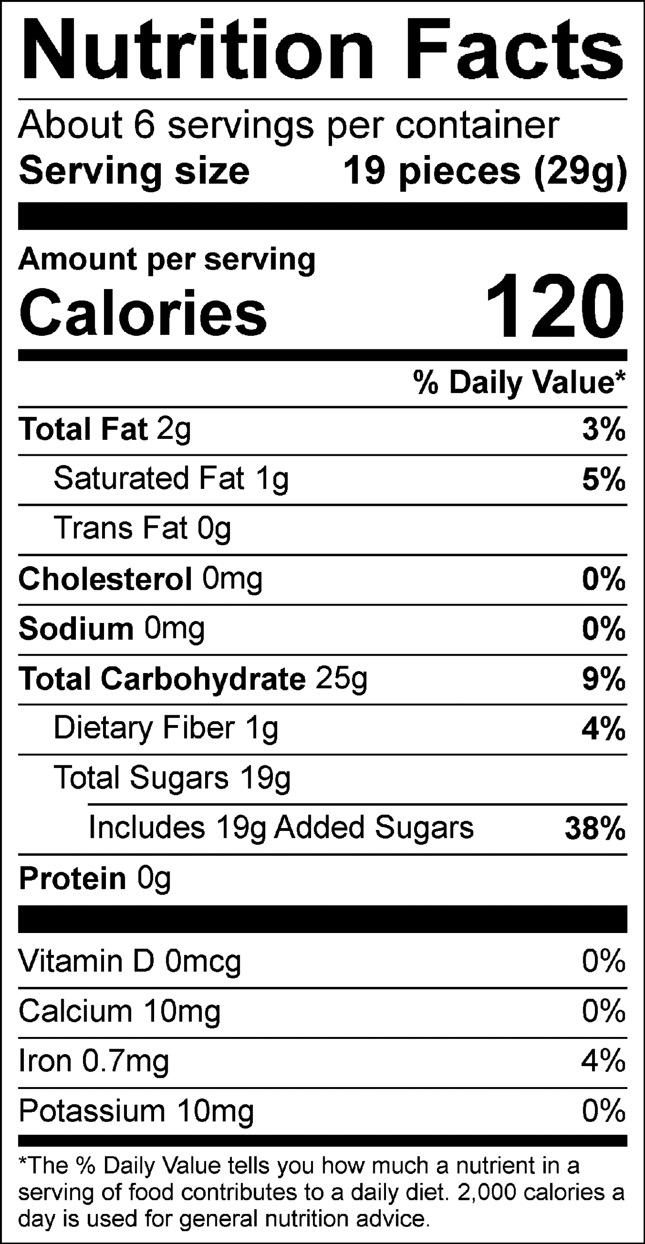 2002 Hoots Nutrition Facts Servings per container: About 6, Serving size: 19 pieces (29g), Amount per serving: Calories 120, Total Fat 2g (3% DV), Saturated Fat 1g (5% DV), Trans Fat 0g, Cholesterol 0mg (0% DV), Sodium 0mg (0% DV ), Total Carbohydrate 25g (9% DV), Dietary Fiber 1g (4% DV), Total Sugars 19g (Includes 19g Added Sugars, 38% DV), Protein 0g , Vitamin D 0mcg (0% DV), Calcium 10mg (0% DV), Iron 0.7mg (4% DV), Potassium 10mg (0% DV). The % Daily Value (DV) tells you how much a nutrient in a serving of food contributes to a daily diet. 2,000 calories a day is used for general nutrition advice.