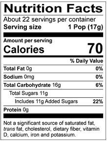 Nutrition Facts Servings per container: About 22, Serving size: 1 Pop (17g), Amount per serving: Calories 70, Total Fat 0g (0% DV), Sodium 0mg (0% DV), Total Carbohydrate 16g (6% DV), Total Sugars 11g (Includes 11g Added Sugars, 22% DV), Protein 0g. Not a significant source of saturated fat, trans fat, cholesterol, dietary fiber, vitamin D, calcium, iron and potassium. % DV = % Daily Value.