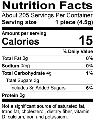 Nutrition Facts: Serving size: 1 piece (4.5g), Amount per serving: Calories 15, Total Fat 0g (0% DV), Sodium 0mg (0% DV), Total Carbohydrate 4g (1% DV), Total Sugars 3g (Includes 3g Added Sugars, 6% DV), Protein 0g. Not a significant source of saturated fat, trans fat, cholesterol, dietary fiber, vitamin D, calcium, iron and potassium. 