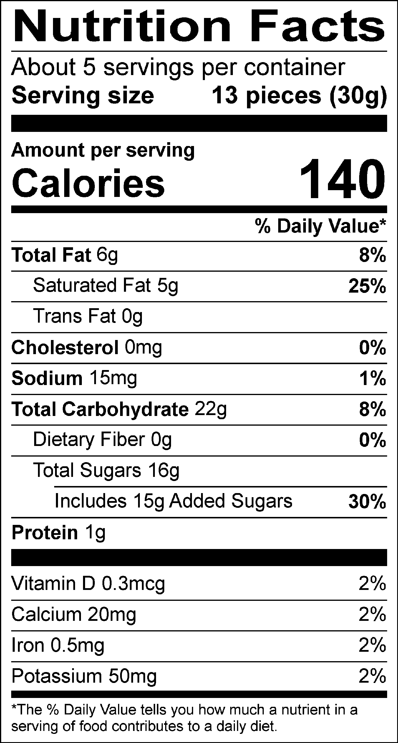 Nutrition Facts Servings per container: About 5, Serving size: 13 pieces (30g), Amount per serving: Calories 140, Total Fat 6g (8% DV), Saturated Fat 5g (25% DV), Trans Fat 0g, Cholesterol 0mg (0% DV), Sodium 15mg (1% DV), Total Carbohydrate 22g (8% DV), Dietary Fiber 0g (0% DV), Total Sugars 16g (Includes 15g Added Sugars, 30% DV), Protein 1g , Vitamin D 0.3mcg (2% DV), Calcium 20mg (2% DV), Iron 0.5mg ( 2% DV), Potassium 50mg (2% DV). The % Daily Value (DV) tells you how much a nutrient in a serving of food contributes to a daily diet.