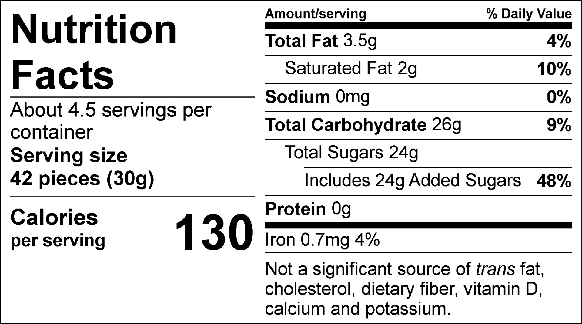 Nutrition Facts Servings per container: About 4.5, Serving size: 42 pieces (30g), Amount per serving: Calories 130, Total Fat 3.5g (4% DV), Saturated Fat 2g ( 10% DV), Sodium 0mg (0% DV), Total Carbohydrate 26g (9% DV) , Total Sugars 24g (Includes 24g Added Sugars, 48% DV), Protein 0g, Iron 0.7mg (4% DV). Not a significant source of trans fat, cholesterol, dietary fiber, vitamin D, calcium and potassium. % DV = % Daily Value.