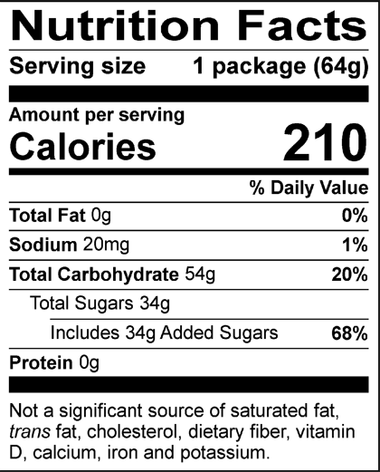 Nutrition Facts Serving size: 1 package (64g), Amount per serving: Calories 210, Total Fat 0g (0% DV), Sodium 20mg (1% DV), Total Carbohydrate 54g (20% DV), Total Sugars 34g (Includes 34g Added Sugars, 68% DV), Protein 0g . Not a significant source of saturated fat, trans fat, cholesterol, dietary fiber, vitamin D, calcium, iron and potassium. % DV = % Daily Value.