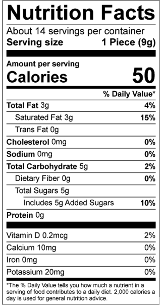 Nutrition Facts Servings per container: About 14, Serving size: 1 Piece (9g), Amount per serving: Calories 50, Total Fat 3g (4% DV), Saturated Fat 3g (15% DV), Trans Fat 0g, Cholesterol 0mg (0% DV), Sodium 0mg (0% DV), Total Carbohydrate 5g (2% DV), Dietary Fiber 0g (0% DV), Total Sugars 5g (Includes 5g Added Sugars, 10% DV), Protein 0g, Vitamin D 0.2mcg (2% DV), Calcium 10mg (0% DV), Iron 0mg (0% DV), Potassium 20mg (0% DV). The % Daily Value (DV) tells you how much a nutrient in a serving of food contributes to a daily diet. 2,000 calories a day is used for general nutrition advice.