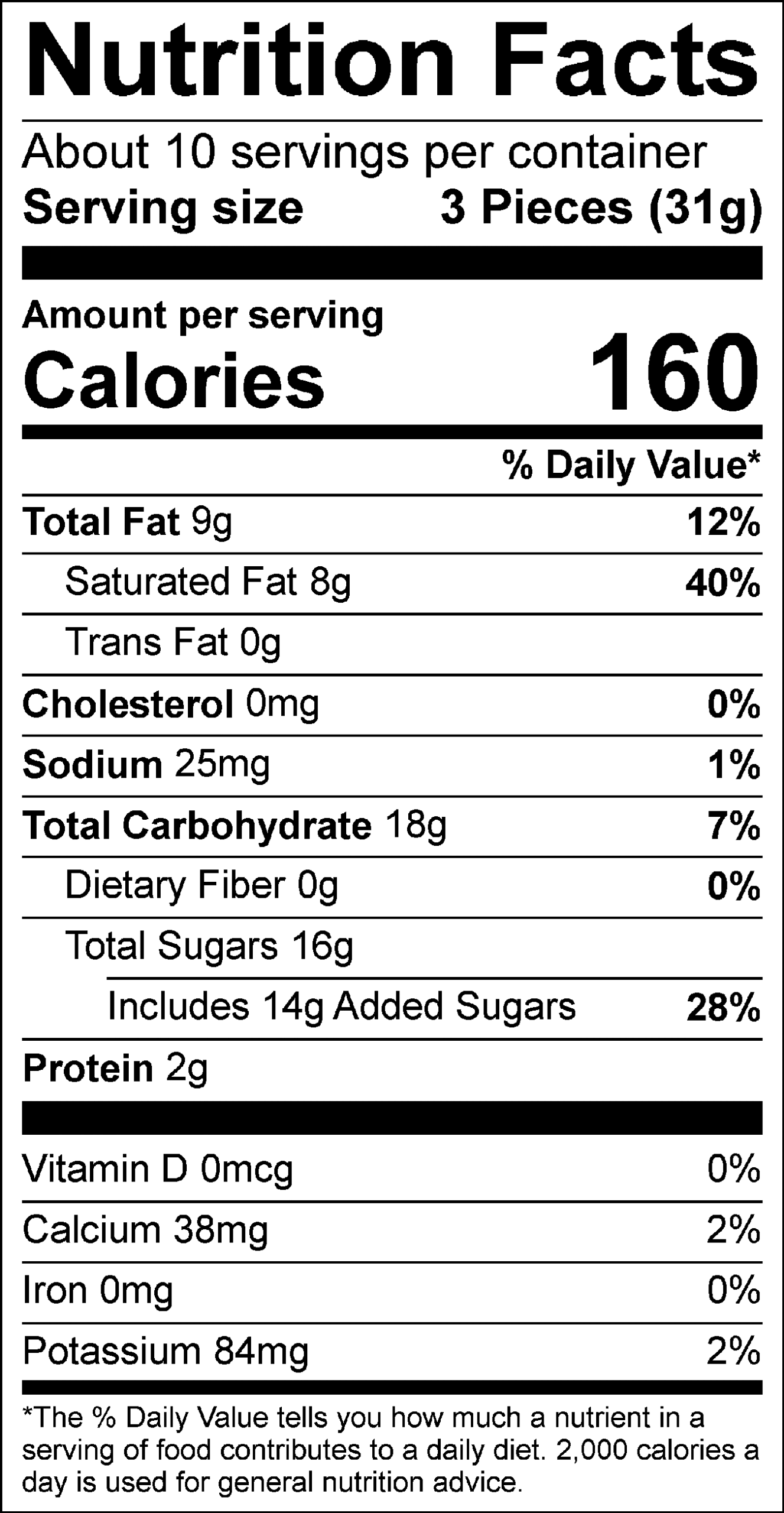 Nutrition Facts Servings per container: About 10, Serving size: 3 Pieces (31g), Amount per serving: Calories 160, Total Fat 9g (12% DV), Saturated Fat 8g ( 40% DV), Trans Fat 0g, Cholesterol 0mg (0% DV), Sodium 25mg ( 1% DV), Total Carbohydrate 18g (7% DV), Dietary Fiber 0g (0% DV), Total Sugars 16g (Includes 14g Added Sugars, 28% DV), Protein 2g, Vitamin D 0mcg (0% DV), Calcium 38mg (2% DV), Iron 0mg (0% DV), Potassium 84mg (2% DV). The % Daily Value (DV) tells you how much a nutrient in a serving of food contributes to a daily diet. 2,000 calories a day is used for general nutrition advice.