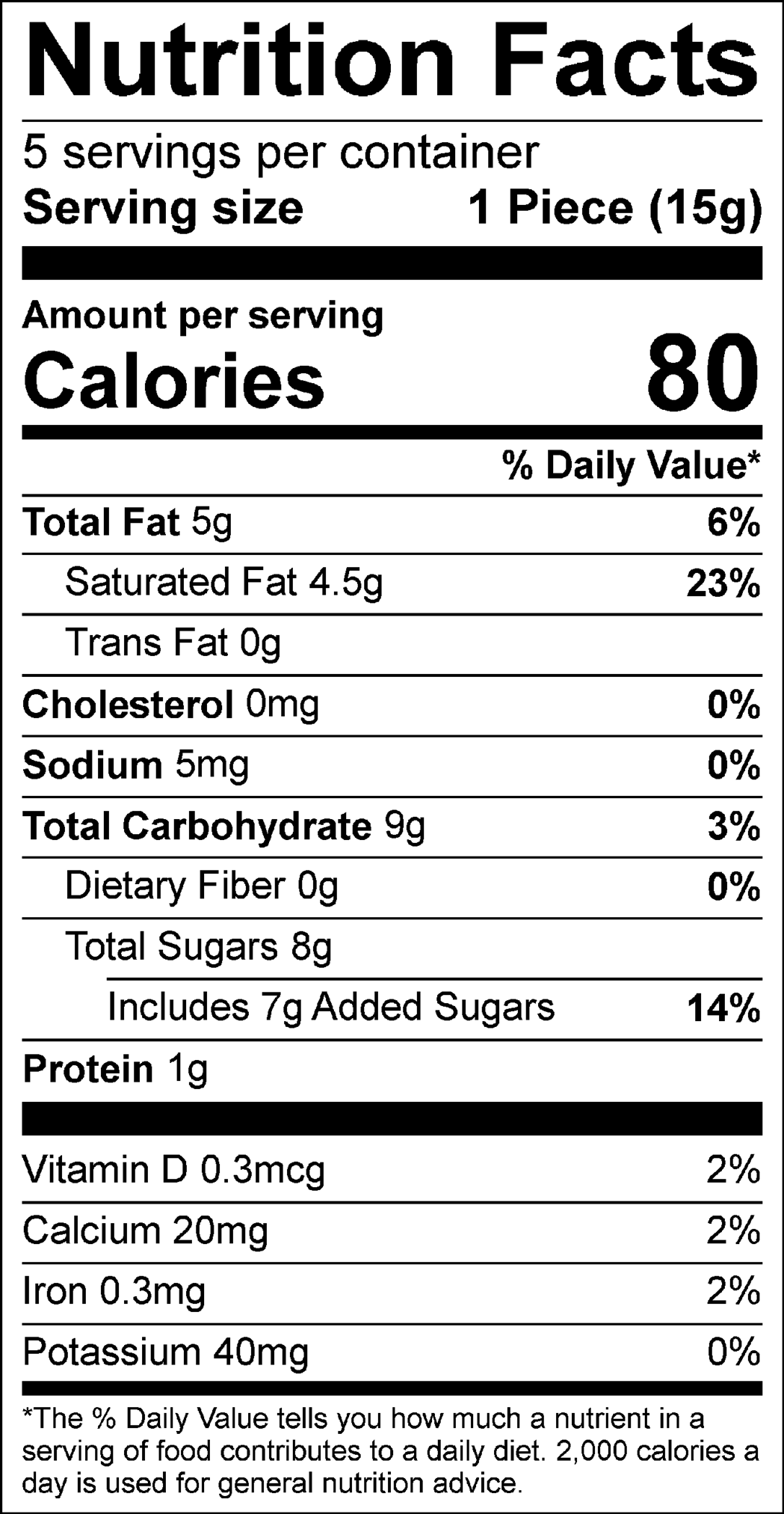 Nutrition Facts Servings per container: 5, Serving size: 1 Piece (15g), Amount per serving: Calories 80, Total Fat 5g (6% DV), Saturated Fat 4.5g (23% DV), Trans Fat 0g, Cholesterol 0mg (0% DV), Sodium 5mg (0% DV), Total Carbohydrate 9g (3% DV), Dietary Fiber 0g (0% DV), Total Sugars 8g (Includes 7g Added Sugars, 14% DV), Protein 1g, Vitamin D 0.3mcg (2% DV), Calcium 20mg (2% DV), Iron 0.3mg (2% DV), Potassium 40mg (0% DV). The % Daily Value (DV) tells you how much a nutrient in a serving of food contributes to a daily diet. 2,000 calories a day is used for general nutrition advice.