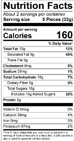 Nutrition Facts Servings per container: About 2, Serving size: 5 Pieces (32g), Amount per serving: Calories 160, Total Fat 10g (13% DV), Saturated Fat 9g ( 45% DV), Trans Fat 0g, Cholesterol 0mg (0% DV), Sodium 25mg ( 1% DV), Total Carbohydrate 18g (7% DV), Dietary Fiber 0g (0% DV), Total Sugars 16g (Includes 15g Added Sugars, 30% DV), Protein 2g, Vitamin D 0mcg (0% DV), Calcium 39mg (4% DV), Iron 0mg (0% DV), Potassium 87mg (2% DV). The % Daily Value (DV) tells you how much a nutrient in a serving of food contributes to a daily diet. 2,000 calories a day is used for general nutrition advice.