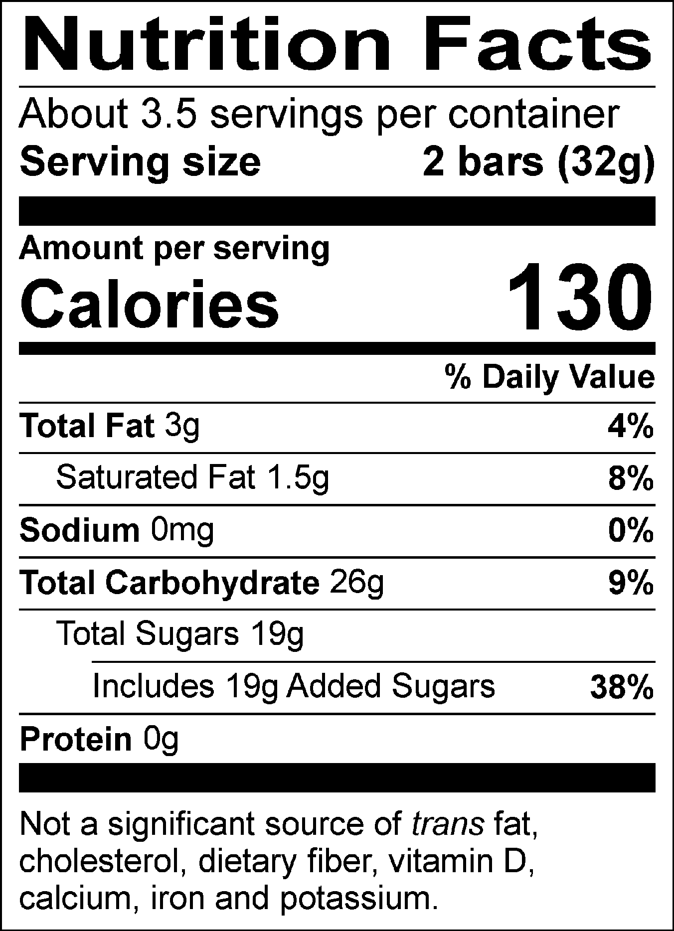 Nutrition Facts Servings per container: About 3.5, Serving size: 2 bars (32g), Amount per serving: Calories 130, Total Fat 3g (4% DV), Saturated Fat 1.5g (8% DV), Sodium 0mg (0% DV), Total Carbohydrate 26g (9% DV), Total Sugars 19g ( Includes 19g Added Sugars, 38% DV), Protein 0g. Not a significant source of trans fat, cholesterol, dietary fiber, vitamin D, calcium, iron and potassium. % DV = % Daily Value.