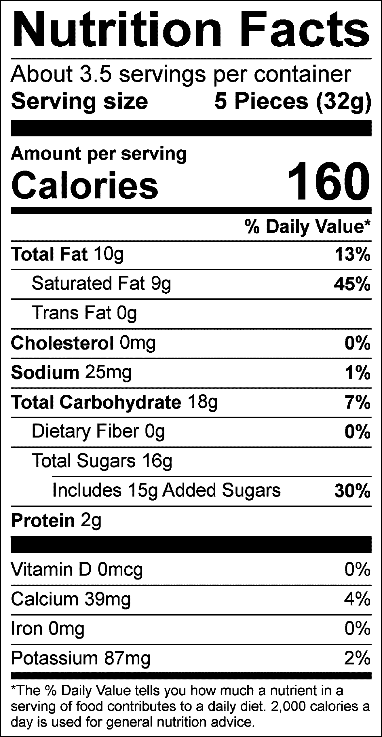 Nutrition Facts Servings per container: About 3.5, Serving size: 5 Pieces (32g), Amount per serving: Calories 160, Total Fat 10g (13% DV), Saturated Fat 9g ( 45% DV), Trans Fat 0g, Cholesterol 0mg (0% DV), Sodium 25mg ( 1% DV), Total Carbohydrate 18g (7% DV), Dietary Fiber 0g (0% DV), Total Sugars 16g (Includes 15g Added Sugars, 30% DV), Protein 2g, Vitamin D 0mcg (0% DV), Calcium 39mg (4% DV), Iron 0mg (0% DV), Potassium 87mg (2% DV). The % Daily Value (DV) tells you how much a nutrient in a serving of food contributes to a daily diet. 2,000 calories a day is used for general nutrition advice.