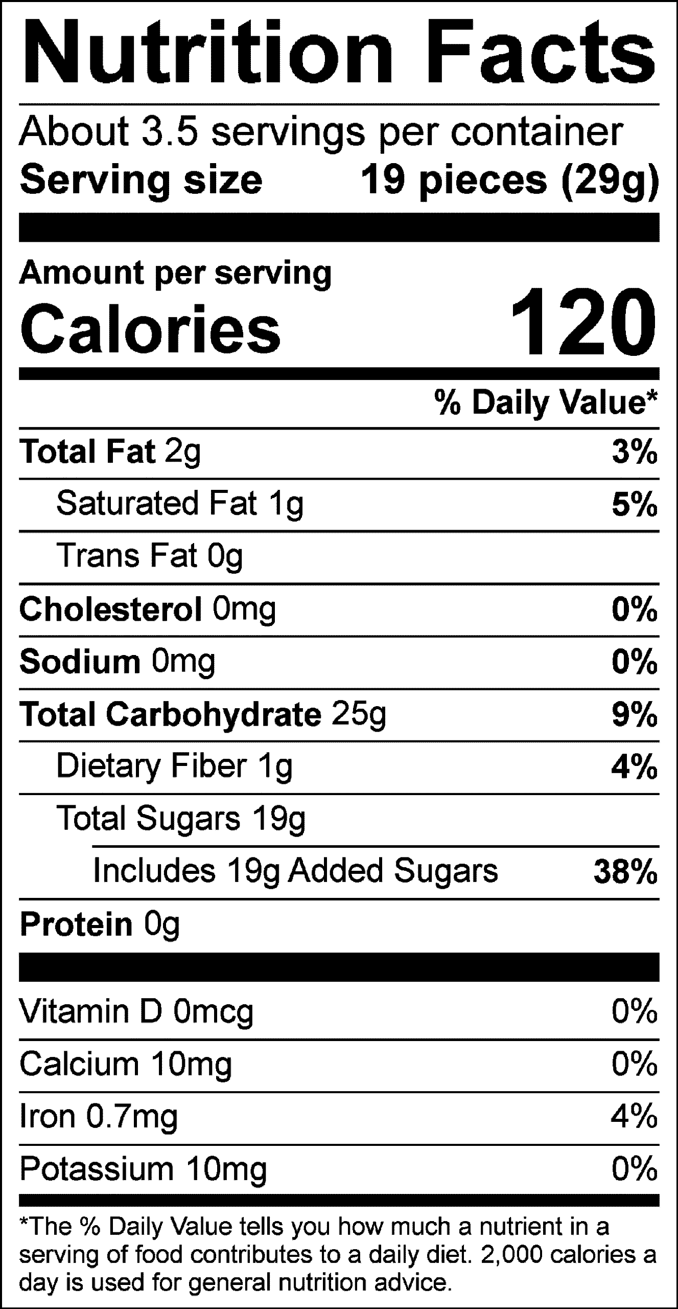 Nutrition Facts Servings per container: About 3.5, Serving size: 19 pieces (29g), Amount per serving: Calories 120, Total Fat 2g (3% DV), Saturated Fat 1g (5% DV), Trans Fat 0g, Cholesterol 0mg (0% DV), Sodium 0mg (0% DV ), Total Carbohydrate 25g (9% DV), Dietary Fiber 1g (4% DV), Total Sugars 19g (Includes 19g Added Sugars, 38% DV), Protein 0g , Vitamin D 0mcg (0% DV), Calcium 10mg (0% DV), Iron 0.7mg (4% DV), Potassium 10mg (0% DV). The % Daily Value (DV) tells you how much a nutrient in a serving of food contributes to a daily diet. 2,000 calories a day is used for general nutrition advice.