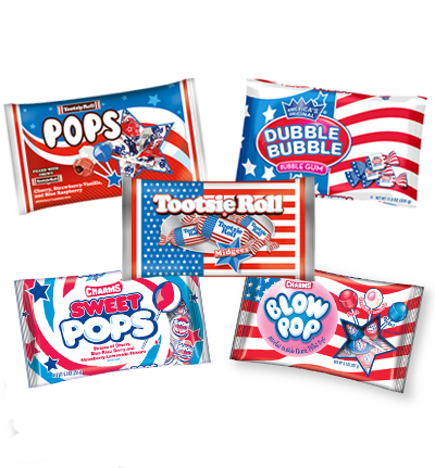 Group of Red, white and blue; Tootsie Roll products